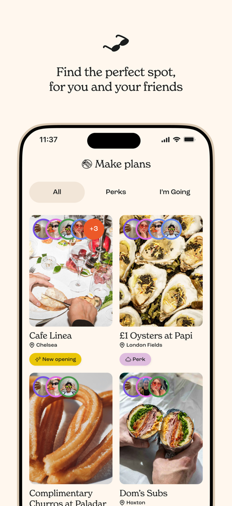 Appetite: Restaurant Tracking - Screenshot of the Appetite app Make Plans screen showing restaurant suggestions with social tags and friend recommendations