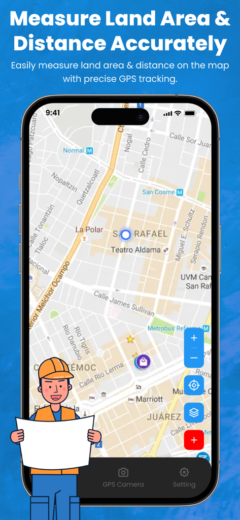 Interface de mapa GPS em um iPhone para medir área e distância terrestre com uma ilustração de agrimensor