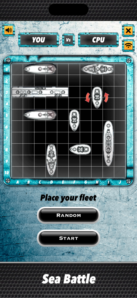 Fleet placement screen in Sea Battle Board Game showing ships arranged on a tactical grid