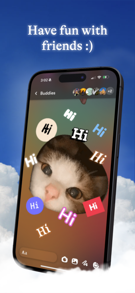 Daze Freeform Chat app interface showing creative messaging with custom fonts and a cat background