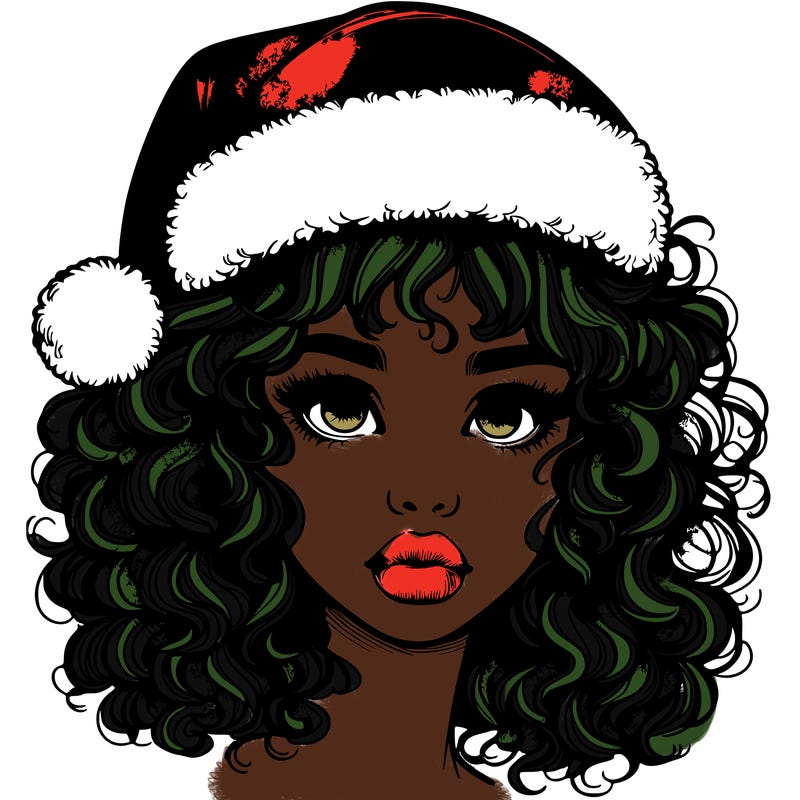 realistic girl with a santa hat curly hair and lips