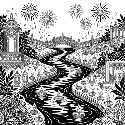 Journey down a darkly elegant river illuminated by Diwali's festive glow in this unique coloring page. Ornate Gothic architecture meets vibrant Indian traditions for an enchanting artistic escape.