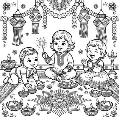 Dive into the festive spirit with our heartwarming Diwali Babies coloring page, showcasing adorable infants celebrating the festival of lights. This charming design is perfect for young colorists and families to enjoy.