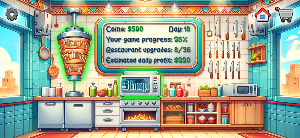 Shawarma Legend - Le tableau de bord de cuisine en jeu de Shawarma Legend montrant la progression du restaurant et les statistiques quotidiennes.