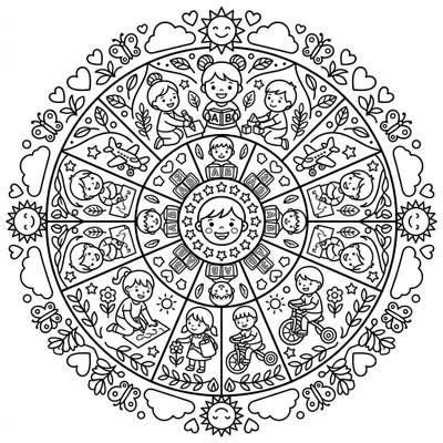 Dive into a vibrant world of imagination with this charming preschoolers mandala coloring page, showcasing happy children engaged in delightful learning and play. This intricate circular design offers a wonderful creative outlet for young minds to explore colors and patterns.
