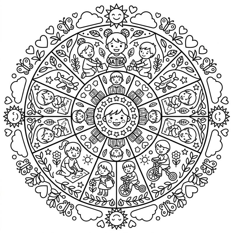 Dive into a vibrant world of imagination with this charming preschoolers mandala coloring page, showcasing happy children engaged in delightful learning and play. This intricate circular design offers a wonderful creative outlet for young minds to explore colors and patterns.
