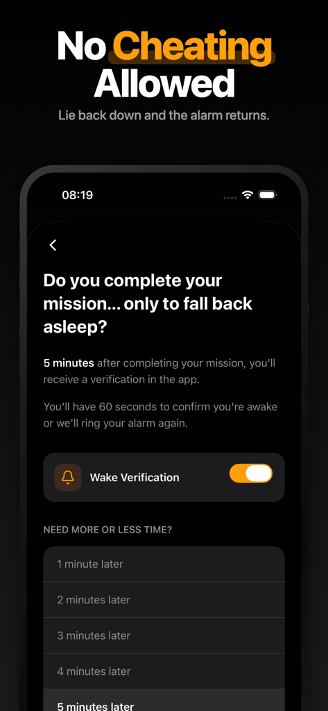 WakeNow: Loud Alarm Clock - WakeNow app screen showing the Wake Verification feature settings to prevent falling back asleep after an alarm