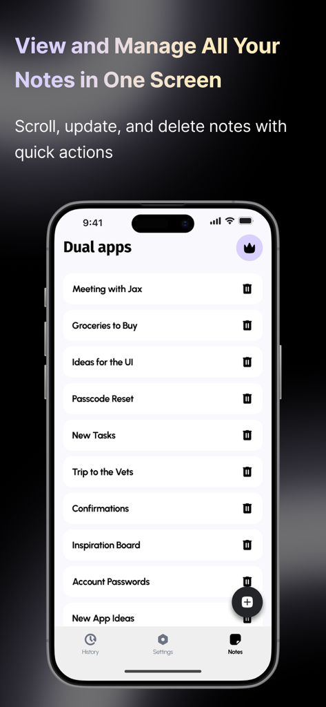 Parallel Space 2026 - Pantalla de gestión de notas en la aplicación Parallel Space 2026