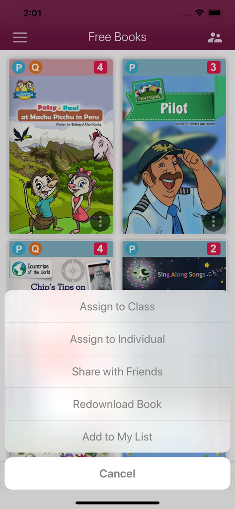 Teacher assignment menu showing options to assign digital books to classes or individual students