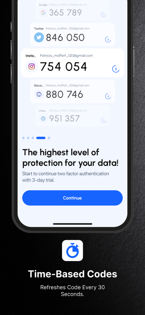 2FA Authenticator™ MFA Authy - Interface of the 2FA Authenticator app displaying time-based security codes for multiple accounts