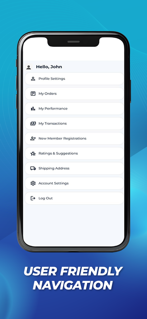 DXN Shop - Una schermata mobile che mostra il menu di navigazione dell'app DXN Shop con impostazioni del profilo e dell'account.