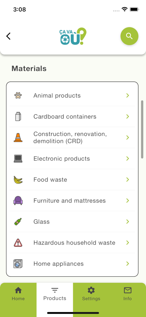 Ça va où? - Lista de categorías de reciclaje en la aplicación Ca va ou que muestra materiales como electrónica, residuos de alimentos y vidrio