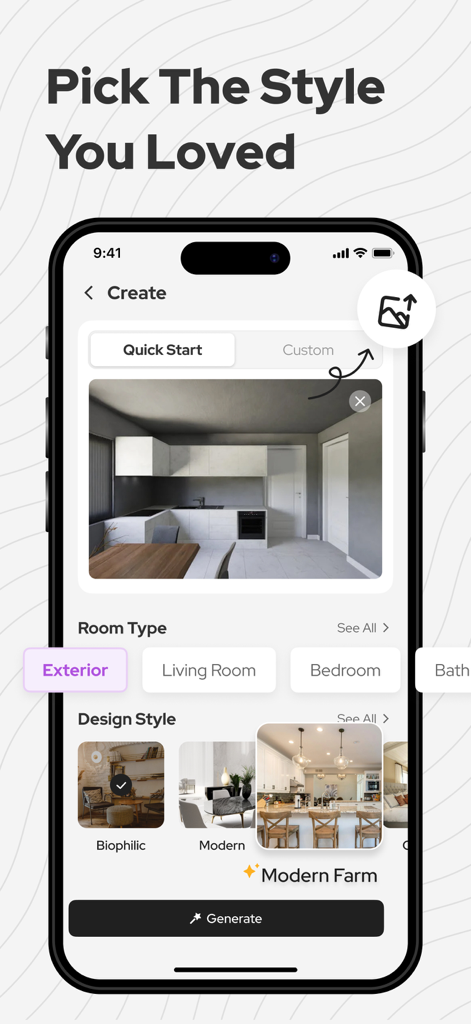 AI Interior Design-Home Decor - Smartphone showing the AI Interior Design app interface with room type and style selection options for a kitchen renovation
