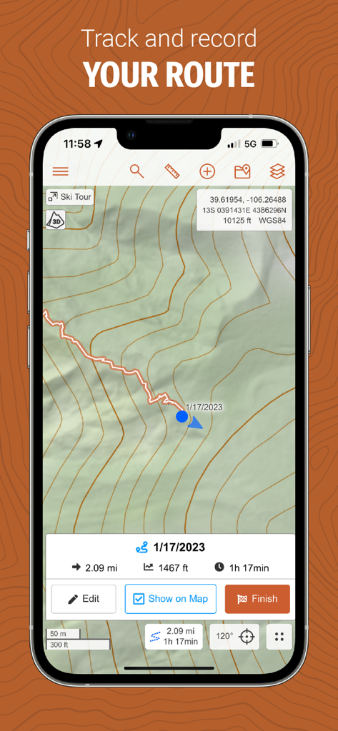 CalTopo app interface displaying a topographic map with a tracked ski tour route and trip statistics
