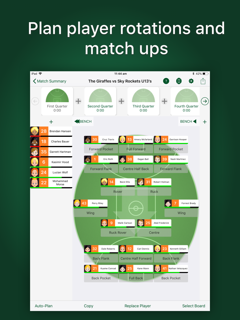 Great Coach AFL - Great Coach AFL app showing player rotation and match-up planning on an iPad screen