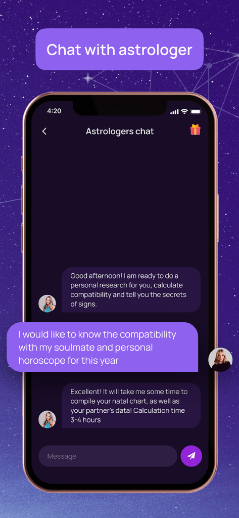 Numia: Astrology and Horoscope - Screenshot of the Numia app showing a chat interface with a professional astrologer for personalized horoscope and compatibility advice.
