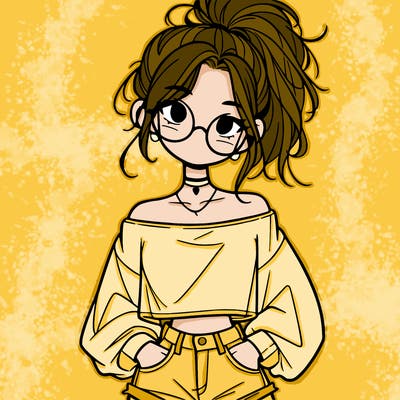 girl with a messy ponytail glasses a baggy crop top and jean shorts