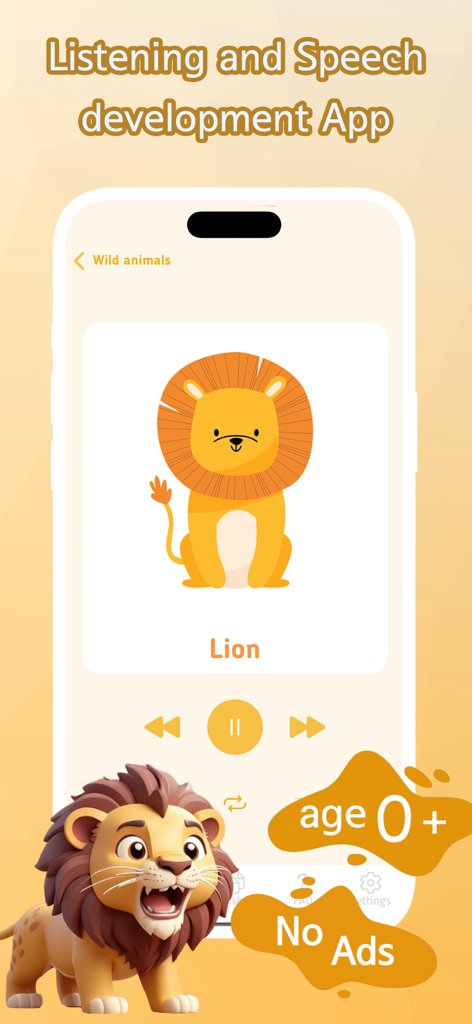 Speech Therapy: Let Me Talk - Speech therapy app interface for toddlers showing a lion illustration in the wild animals category