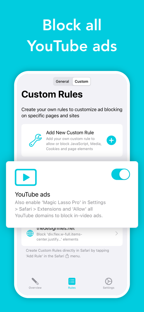 Ad blocker by Magic Lasso - Interface do aplicativo Magic Lasso Adblock mostrando regras personalizadas e botão para bloquear anúncios do YouTube no iPhone.