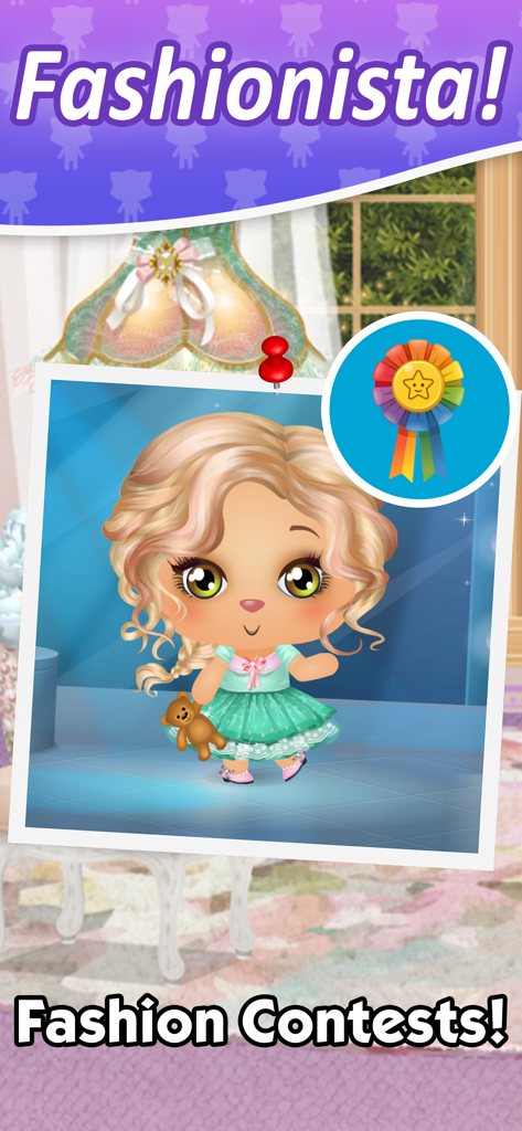 A cute virtual pet dressed in a stylish green dress for a fashion contest with an award ribbon.