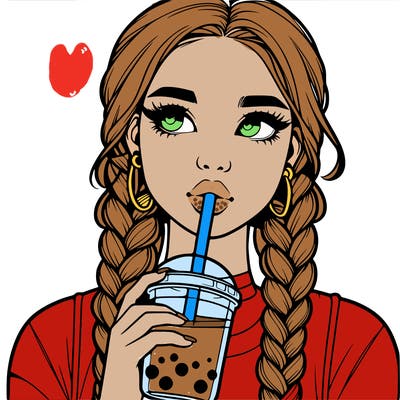 realistic girl with braided hair drinking boba