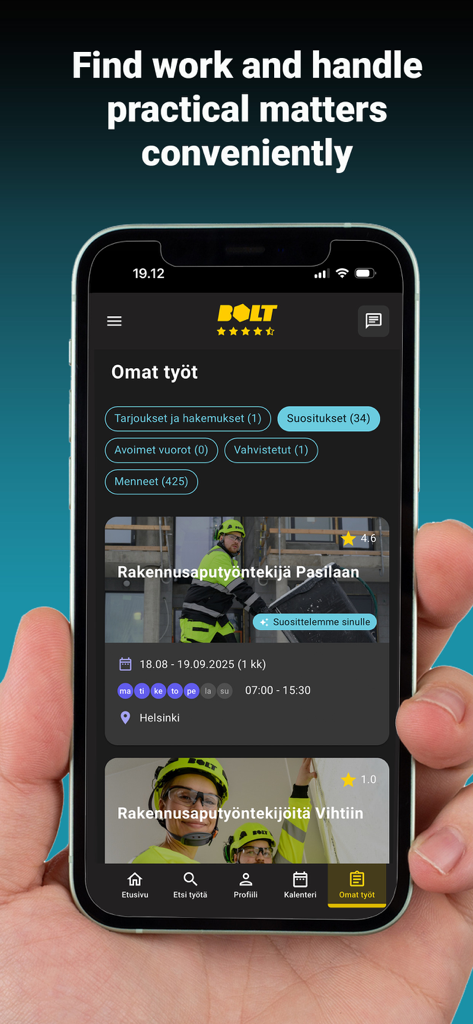 Bolt.Works mobile app dashboard showing job listings and workforce management for skilled labor