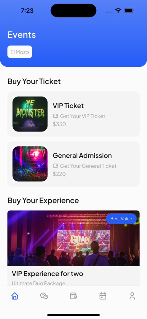 Ticket selection screen for AllAccess Events app featuring VIP and General Admission options.