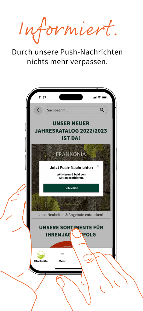 Eine Hand, die ein Smartphone hält, auf dem der Bildschirm der Frankonia-App angezeigt wird, mit einer Aufforderung, Push-Benachrichtigungen für Sonderangebote und neue Kataloge zu aktivieren