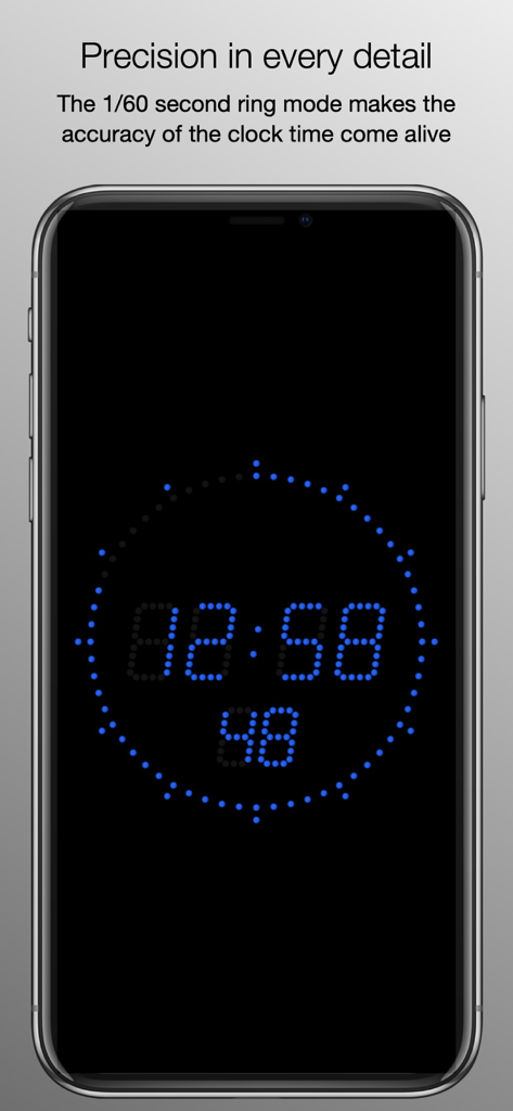 Atomic Clock (Gorgy Timing) - Pantalla de reloj digital de precisión con un anillo de segundos azul de 1/60 en un fondo negro