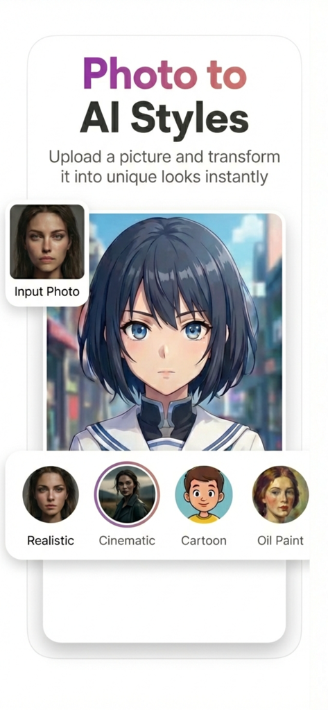 AI Photo Generator. - KI-Fotogenerator-App-Oberfläche, die ein Porträt zeigt, das mit verschiedenen Filteroptionen in einen Cartoon-Stil verwandelt wurde
