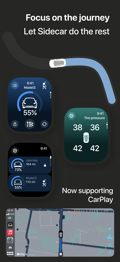 Sidecar app dashboard showing CarPlay navigation and Apple Watch widgets for vehicle health and Tesla battery status