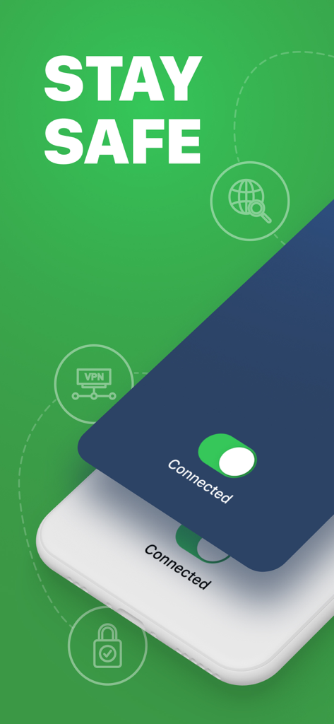 Browsec VPN 앱 인터페이스가 연결된 토글 스위치와 녹색 배경에 안전 유지 메시지를 보여줍니다.