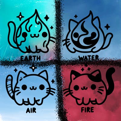 4 cats that represent the different elements, earth, water, air, and fire