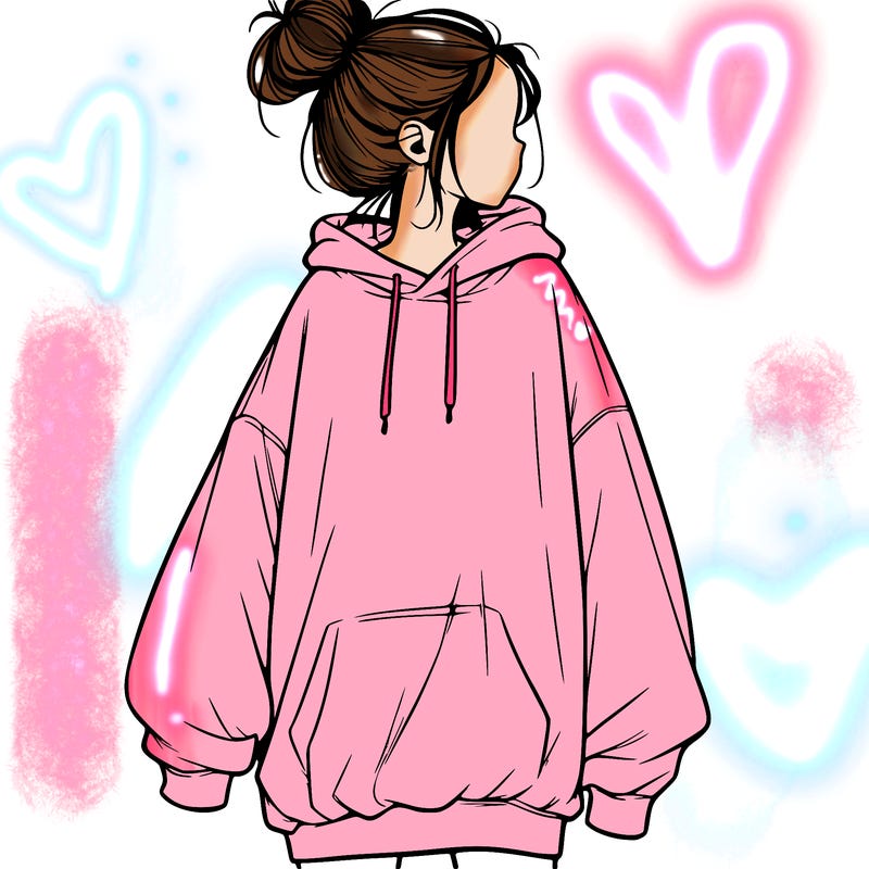 realistic girl with a oversized sweatshirt on and a bun