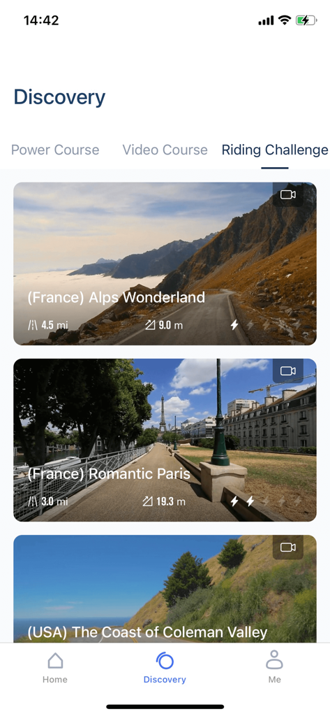 AI Gym - AI Gym app discovery screen showing scenic cycling routes in France and USA.