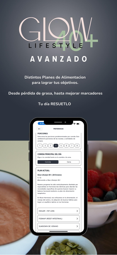 Glow by Rose App-Oberfläche mit personalisierten Ernährungsplan-Einstellungen und spezialisierten Ernährungsprogrammen für Gesundheit und Fettabbau.