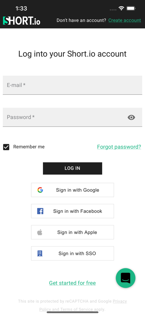 Short.io - Login screen of the Short.io app showing options to sign in via email or social accounts