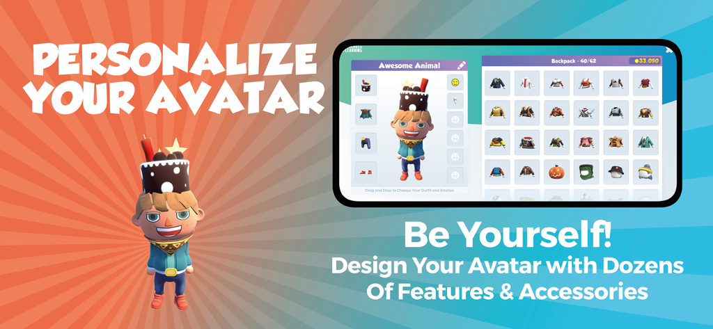 Awakening – Fun Math Games - Écran de personnalisation de personnage du jeu de maths Awakening montrant des vêtements et des accessoires pour avatar