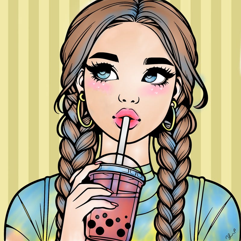 realistic girl with braided hair drinking boba