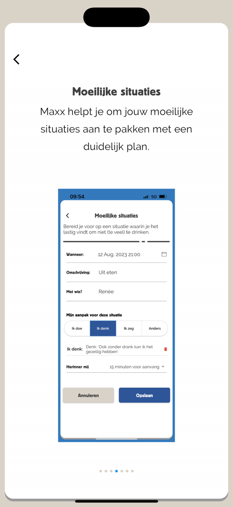 Maxx: grip op alcoholgebruik - Maxx mobile app screen showing a feature to plan for social events and manage alcohol consumption
