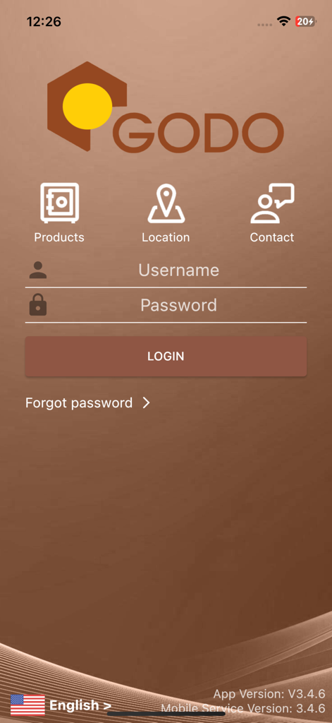 Écran de connexion GODO Mobile Banking avec des champs pour le nom d'utilisateur et le mot de passe
