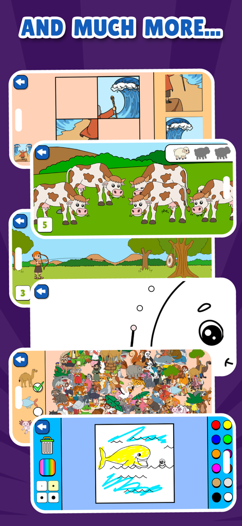 Biblical Games and Activities - A collage showing various biblical educational games for children including puzzles coloring and connect the dots