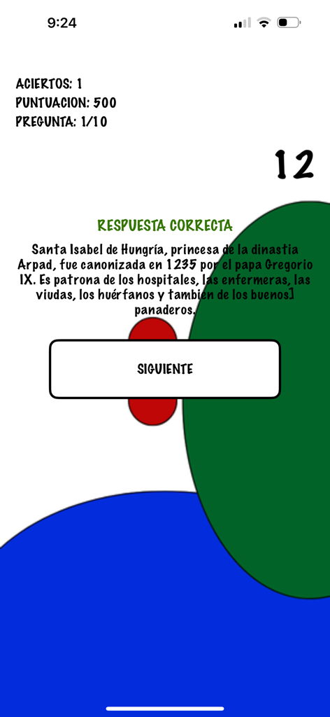 Guinealogia - Pantalla del juego de trivia de la aplicación Guinealogia que muestra un mensaje de respuesta correcta y una puntuación de 500.