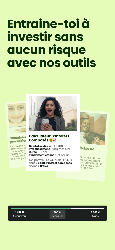 Plan Cash app interface showing a compound interest calculator tool for risk free investment training for women.
