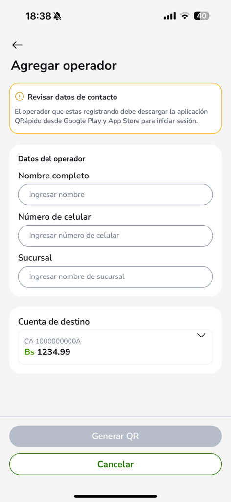 Formulario de registro para agregar un operador en la aplicación de finanzas empresariales QRápido