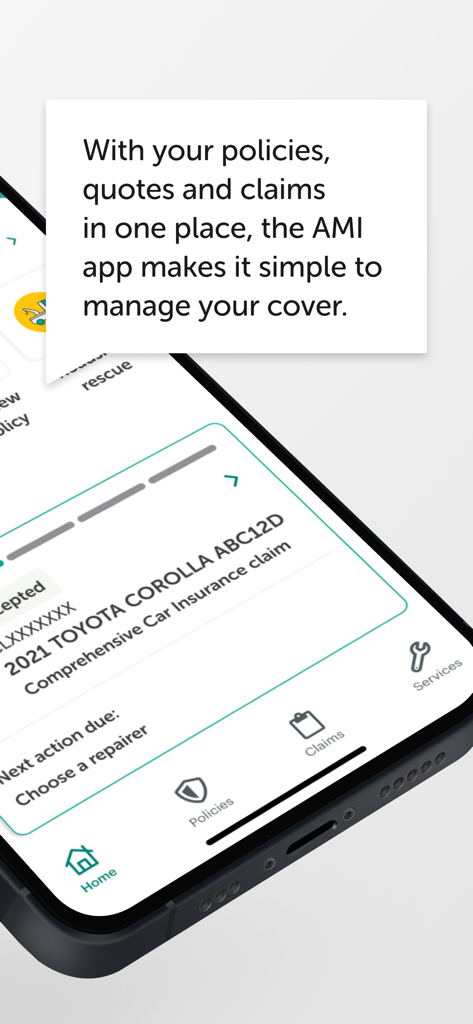 A smartphone screen showing the AMI app dashboard with a car insurance claim status and navigation for policies and claims.