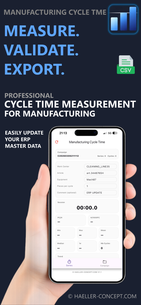 Manufacturing Cycle Time - Écran de smartphone montrant l'interface de l'application Manufacturing Cycle Time pour la mesure des processus industriels et les mises à jour des données ERP
