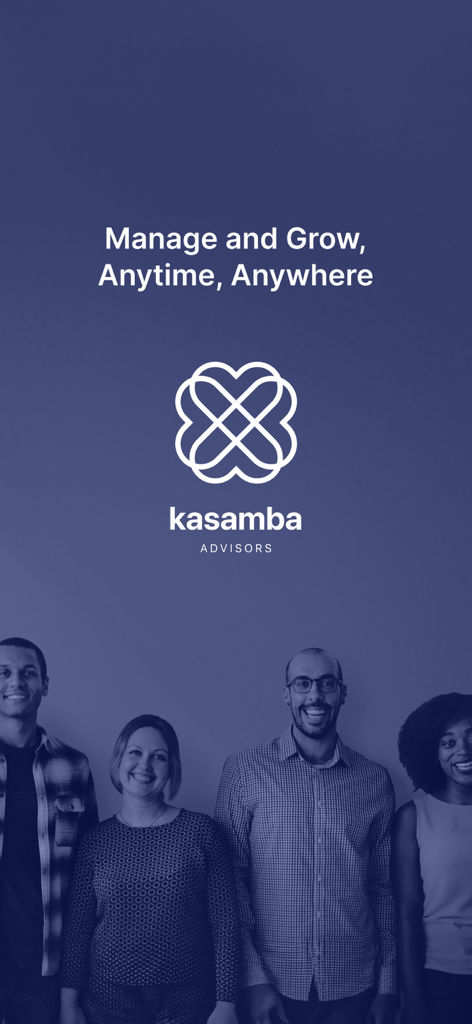 Écran d'accueil de Kasamba Advisors avec des professionnels souriants et le slogan Gérez et développez à tout moment, n'importe où.