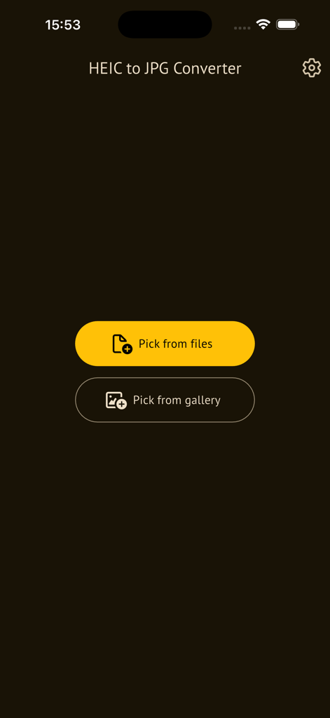 HEIC to JPG Converter (Bulk) - La interfaz de usuario principal de la aplicación Convertidor de HEIC a JPG mostrando opciones para seleccionar fotos de archivos o la galería