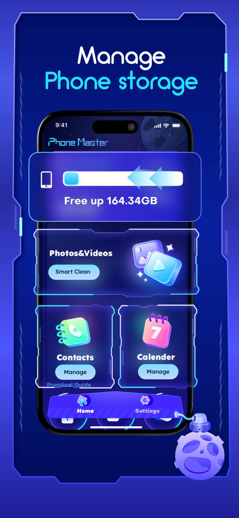 Schermata principale dell'app Phone Master che mostra gli strumenti di pulizia dello spazio di archiviazione e gestione dei file